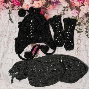 Betsey Johnson Wool blend Black Knit Hat, Scarf, and Gloves Set with Rhinestones